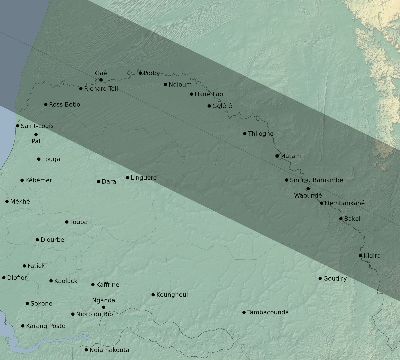 Map of the eclipse path across Senegal on 06/28/1908