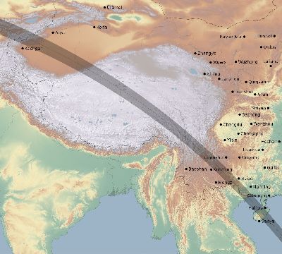 Map of the eclipse path across China on 10/22/1911