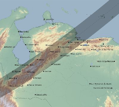 Map of the eclipse path across Venezuela on 02/03/1916