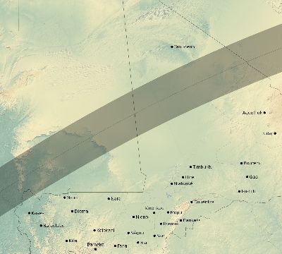 Map of the eclipse path across Mali on 03/28/1922