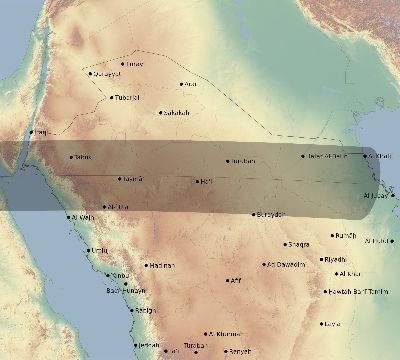 Map of the eclipse path across Saudi Arabia on 03/28/1922