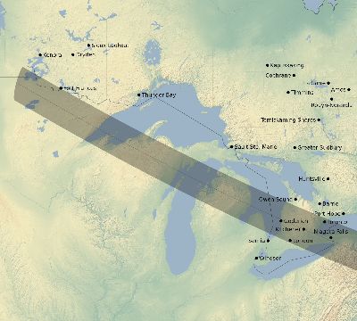 Map of the eclipse path across Canada on 01/24/1925