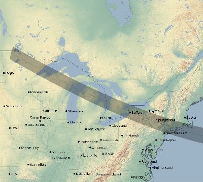 Map of the eclipse path across United States on 01/24/1925