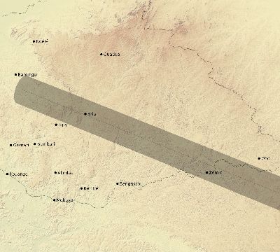 Map of the eclipse path across Central African Republic on 01/14/1926