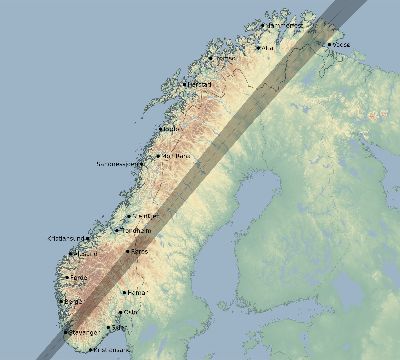 Map of the eclipse path across Norway on 06/29/1927