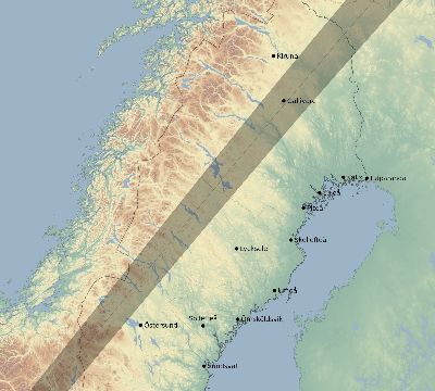 Map of the eclipse path across Sweden on 06/29/1927