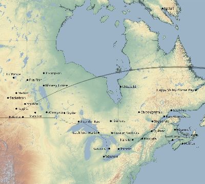 Map of the eclipse path across Canada on 04/28/1930