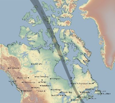 Map of the eclipse path across Canada on 08/31/1932