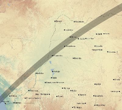 Map of the eclipse path across DR Congo on 02/24/1933