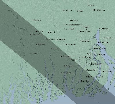 Map of the eclipse path across Bangladesh on 08/21/1933