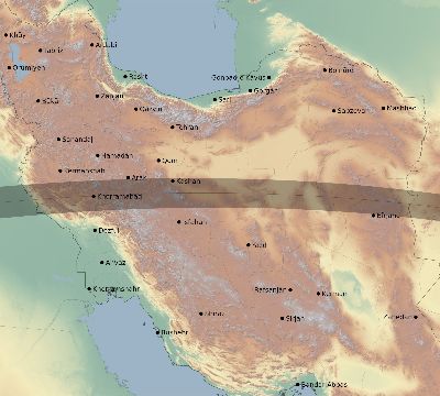 Map of the eclipse path across Iran on 08/21/1933