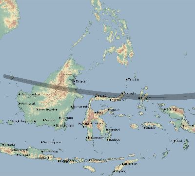 Map of the eclipse path across Indonesia on 02/14/1934