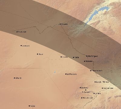 Map of the eclipse path across Botswana on 08/10/1934