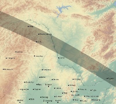 Map of the eclipse path across China on 06/19/1936