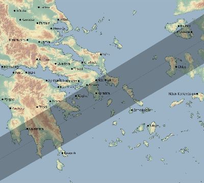 Map of the eclipse path across Greece on 06/19/1936