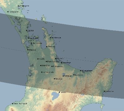 Map of the eclipse path across New Zealand on 12/13/1936
