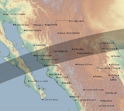 Map of the eclipse path across Mexico on 04/07/1940