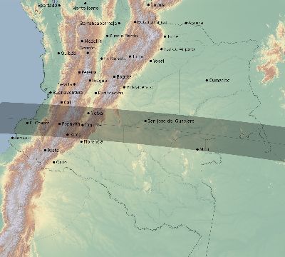 Map of the eclipse path across Colombia on 10/01/1940