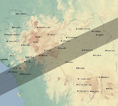 Map of the eclipse path across Guinea on 01/25/1944