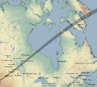 Map of the eclipse path across Canada on 07/09/1945
