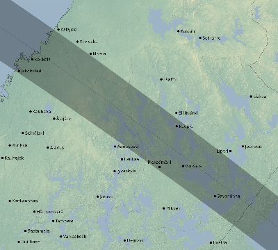 Map of the eclipse path across Finland on 07/09/1945