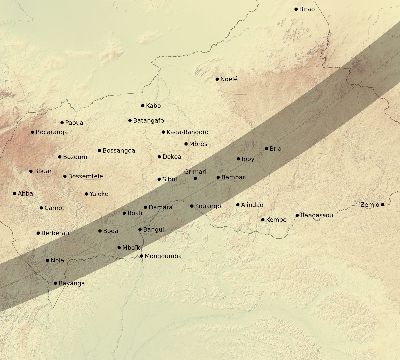 Map of the eclipse path across Central African Republic on 02/25/1952