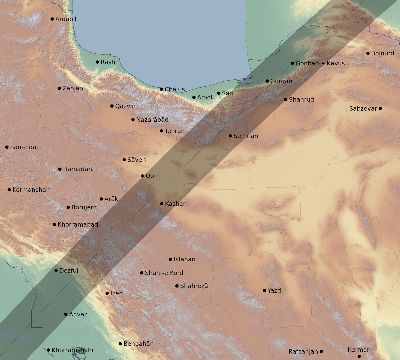 Map of the eclipse path across Iran on 02/25/1952