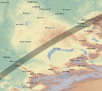 Map of the eclipse path across Kazakhstan on 02/25/1952