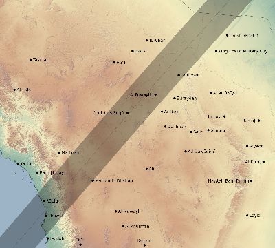 Map of the eclipse path across Saudi Arabia on 02/25/1952