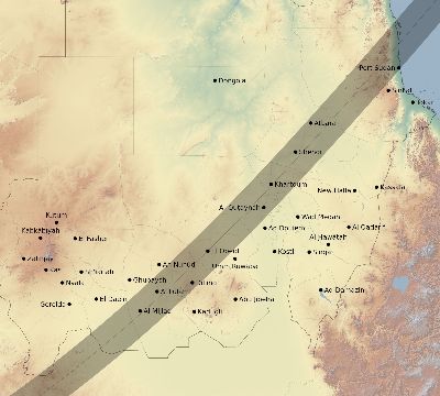 Map of the eclipse path across Sudan on 02/25/1952