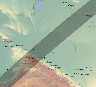 Map of the eclipse path across Turkmenistan on 02/25/1952
