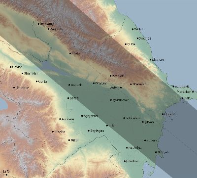 Map of the eclipse path across Azerbaijan on 06/30/1954