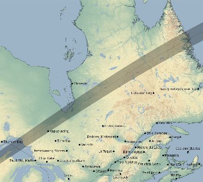 Map of the eclipse path across Canada on 06/30/1954