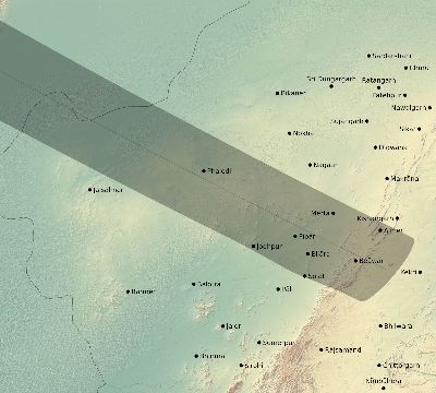 Map of the eclipse path across India on 06/30/1954