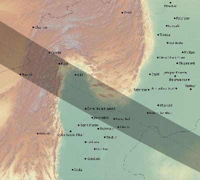 Map of the eclipse path across Pakistan on 06/30/1954