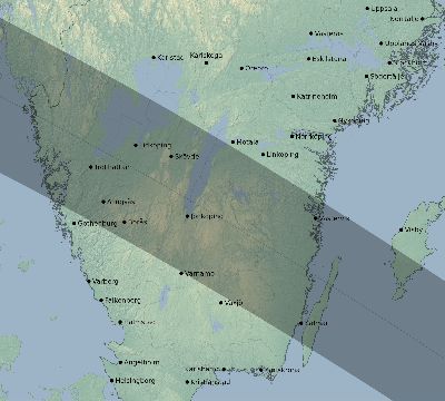 Map of the eclipse path across Sweden on 06/30/1954