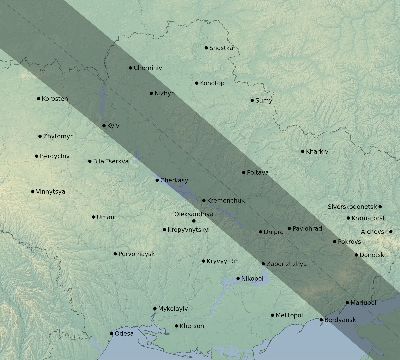 Map of the eclipse path across Ukraine on 06/30/1954