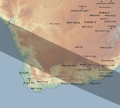 Map of the eclipse path across South Africa on 12/25/1954