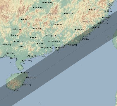Map of the eclipse path across China on 04/19/1958