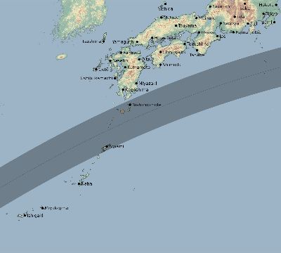 Map of the eclipse path across Japan on 04/19/1958