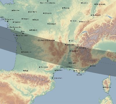 Map of the eclipse path across France on 02/15/1961