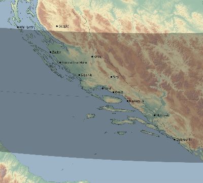 Map of the eclipse path across Croatia on 02/15/1961