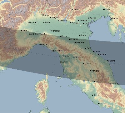 Map of the eclipse path across Italy on 02/15/1961