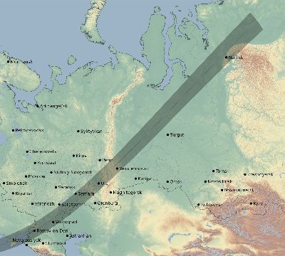 Map of the eclipse path across Russia on 02/15/1961