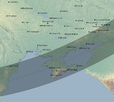 Map of the eclipse path across Ukraine on 02/15/1961