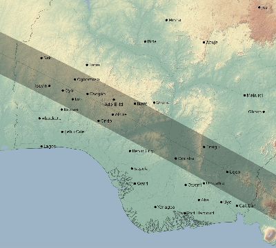 Map of the eclipse path across Nigeria on 07/31/1962