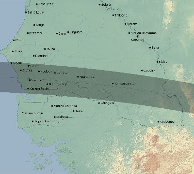 Map of the eclipse path across Senegal on 07/31/1962