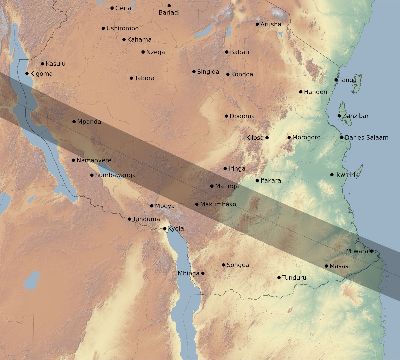 Map of the eclipse path across Tanzania on 07/31/1962