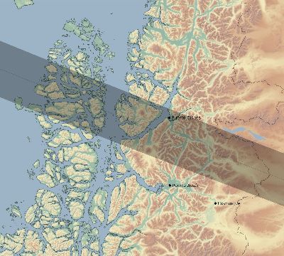 Map of the eclipse path across Chile on 01/25/1963