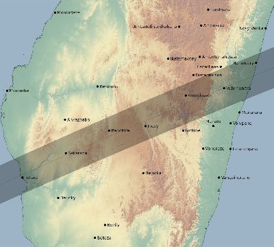 Map of the eclipse path across Madagascar on 01/25/1963
